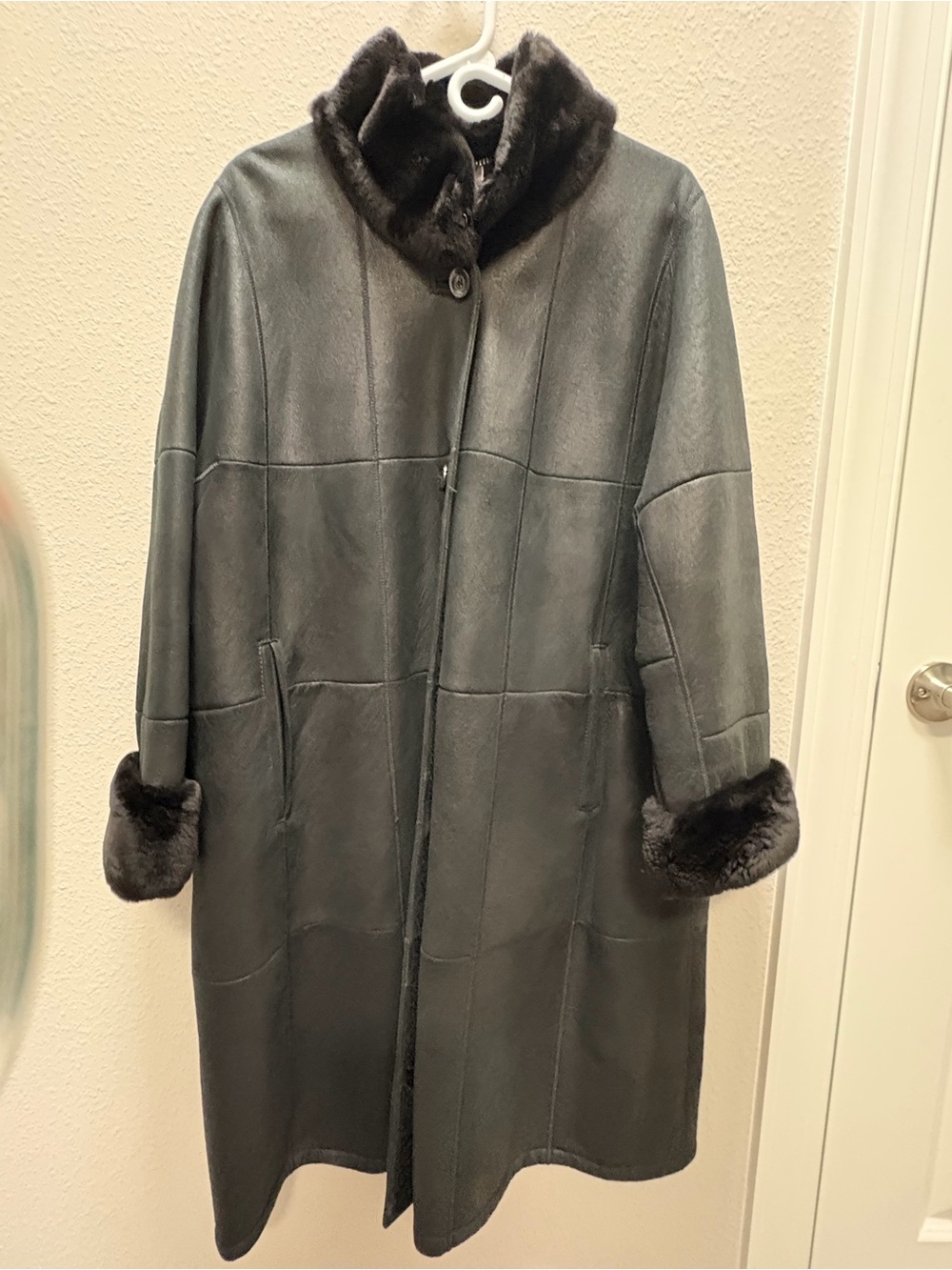 Natural Italian leather and fur Black Shearling Long Coat with Fur Trim